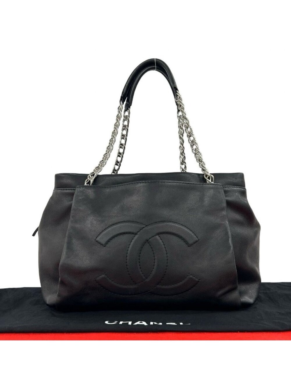 Chanel CC Logo Chain Caviar Leather Tote Shoulder Bag Black